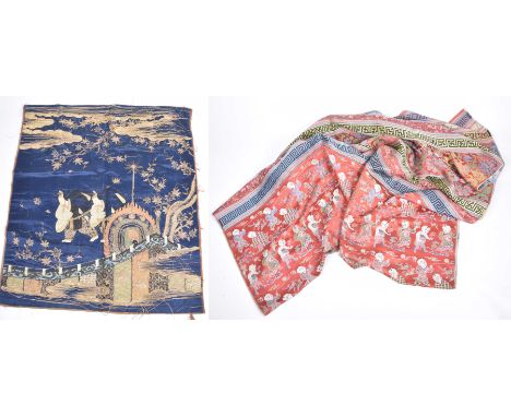 A group of Asian embroidered textiles To include a large embroidered silk wall hanging or bedspread, circa 1920's, embroidere