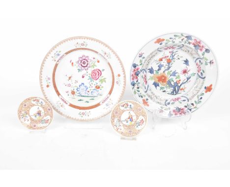 A group of Chinese 18th Century and later famille rose wears To include two dishes with floral and rock work designs, togethe