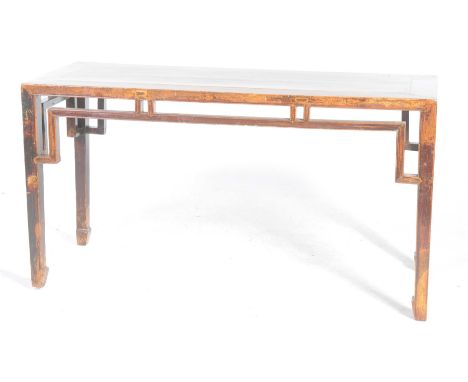 A Chinese Hunghuali style altar tableThe single plank top supported by slightly tapered yoke square supports united by lower 