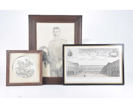 A small group of 20th Century prints and picture To include a pencil sketch of an army officer signed Arther B Connor, 1910, 
