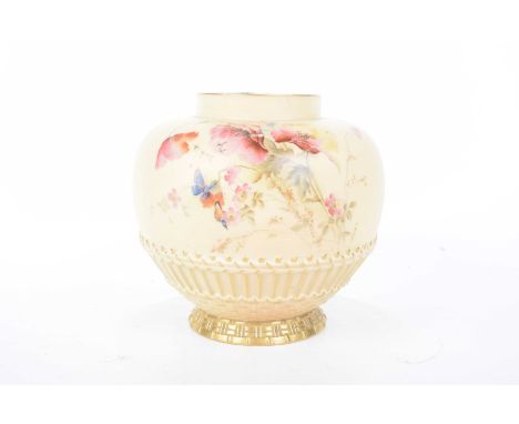 A Royal Worcester blush ivory vaseDecorated in typical shades with sprays of blooms and butterfly's and moulded within a gilt