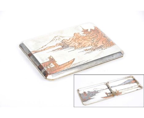 A Japanese white metal cigarette case, circa 1920Stamped to the interior 'sterling' of canted square form, with continuous br