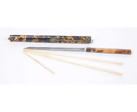 A Chinese and ivory and faux tortoiseshell travelling chopstick set circa 1900The brass bound and ivory applied case, to incl