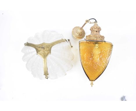 Gilt metal and moulded glass "Shell" ceiling lamp shade early 20th CenturyThree section moulded glass light fitting with gilt