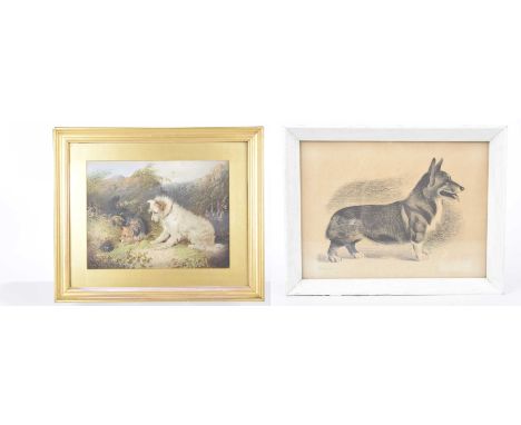 After Edwin Landseer 'The Rabbit Hole'An overpainted print, framed and glazed, 20cm x 27cm, together with another print of a 