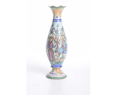 A North Indian enamel vase, early 20th Century The pedestal vase, with swollen central body, rising from a domed foot, with s