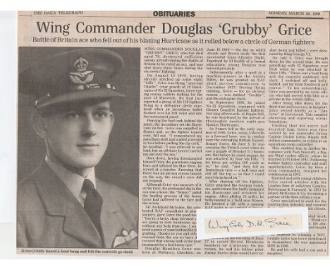 Wing Commander Douglas Hamilton Grice MBE DFC Signature and Obituary of 32 Squadron. Ace status achieve in the fierce fightin