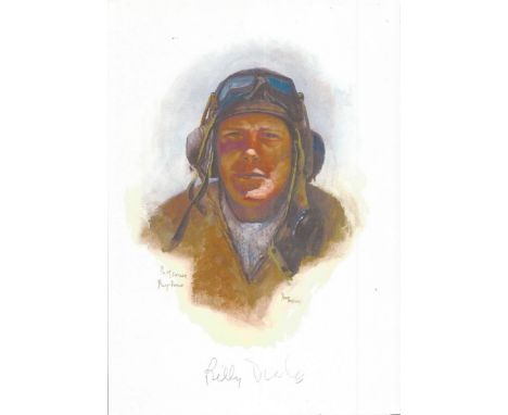Plt Off Billy Drake WW2 RAF Battle of Britain Pilot signed colour print 12 x 8 inch signed in Pencil. Image of him in flying 