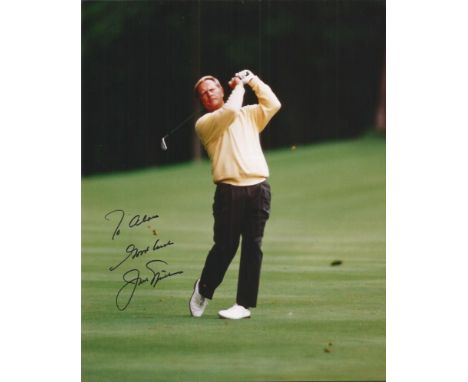 Jack Nicklaus Golf Legend Golden Bear signed stunning colour 10 x 8 inch photo of him just playing an Iron shot, dedicated to