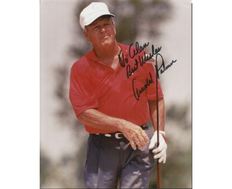 Arnold Palmer Golf Legend signed stunning colour 10 x 8 inch photo of him just playing an Iron shot, dedicated to Alan
