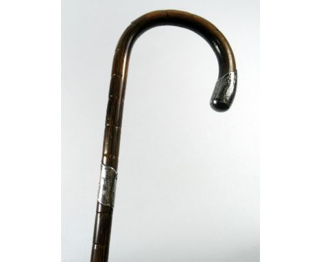 SILVER MOUNTED FAUX PARTRIDGE WOOD WALKING STICK, BIRMINGHAM, 1915, (L. 91.5 CM) 