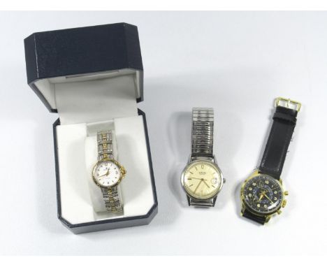 A GENTLEMAN'S ROEMER STAINLESS STEEL BRACELETWATCH, A LADY'S PIERRE CARDIN STAINLESS STEEL AND GILT METAL BRACELETWATCH WITH 
