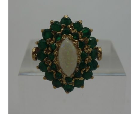 A 9ct gold, emerald and opal cluster ring, weight 6.3g, size N