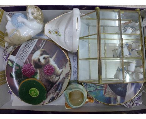 A Royal Worcester cake plate and cheese plate, a Nao cat, collector's plates, etc.