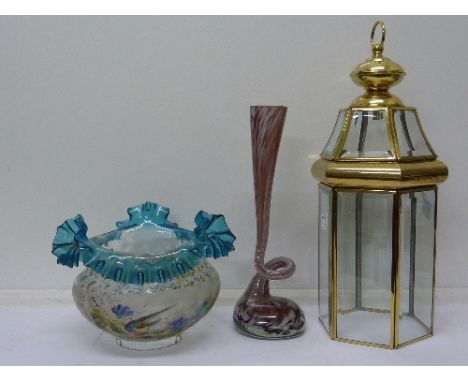 A Victorian lamp shade, a studio glass vase and a lantern