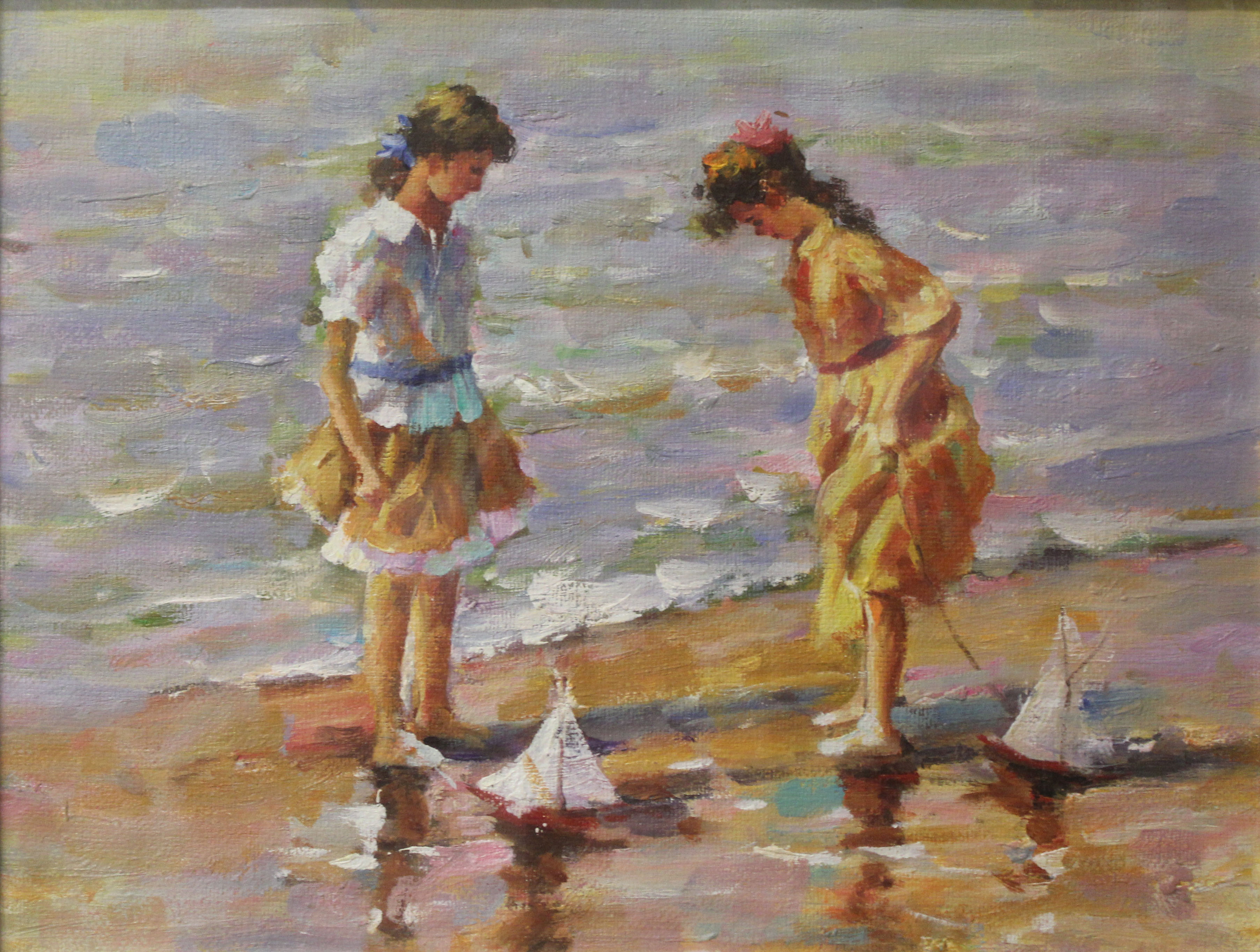 AN OIL PAINTING SCENE, Two girls on a seashore with toy sailboats. 305x40cm