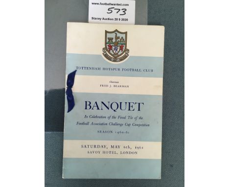 60/61 Tottenham FA Cup Winning Football Menu: Held on the evening of the match at the Savoy. Blue ribboned menu lists the roa