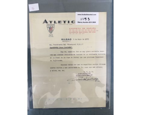 1953 Athletico Bilbao Football Letter To Blackpool: Quality large letter on Atleticos headed paper congratulating them on win