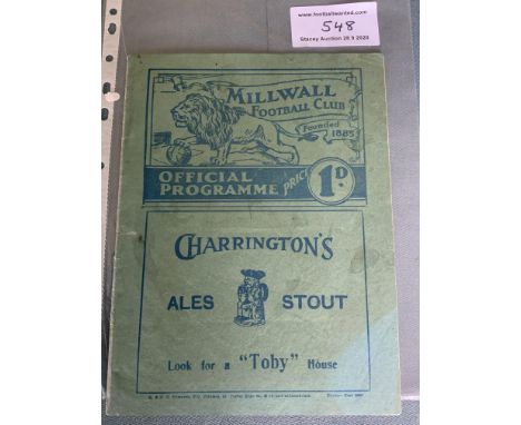 38/39 Millwall V Tottenham Football Programme: Excellent condition League match dated 15 4 1939. Professional repair.