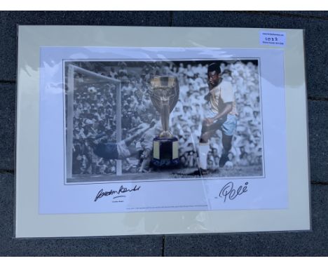 Pele + Banks Signed Mounted World Cup Football Print: Hand signed by both who are pictured after what was called the greatest