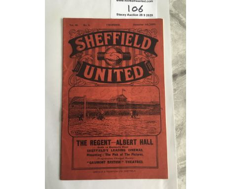 32/33 Sheffield United v Derby County Football Programme: Excellent condition dated 3 12 1932. No team changes. Rusty staple 