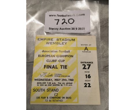 1968 European Cup Final Ticket: Benfica v Manchester United played at Wembley. Yellow ticket in excellent condition.