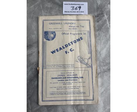 38/39 Wealdstone v London Caledonians FA Cup Football Programme: Fair/good condition with rusty staples removed leaving small