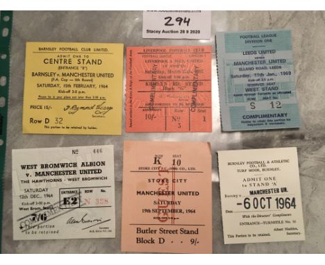 1960s Manchester United Away Football Tickets: 64/65 Burnley Stoke West Brom, 63/64 Barnsley FA Cup, 66/67 Liverpool and 68/6