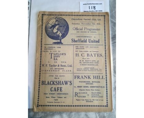 1936/37 Chesterfield v Sheffield United Football Programme: Opening of new stand at Saltergate on 7 11 1936. Fair/good condit