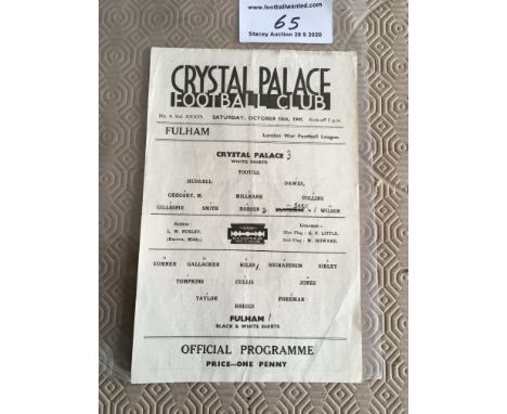 41/42 Crystal Palace v Fulham Football Programme: Single sheet dated 18 10 1941. London War League is good with one team chan