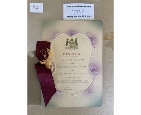1911 Bradford City FA Cup Final Winning Menu: Dinner given by the Lord Mayor held at the Town Hall Bradford for winning the E