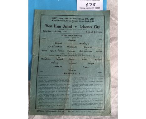 39/40 West Ham v Leicester City Cup Football Programme: Good condition Cup Match from the season West Ham went on to win the 