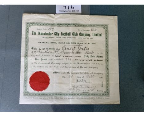 1911 Manchester City Football Share Certificate: Attractive certificate signed by then manager Harry Newbould. Folding.