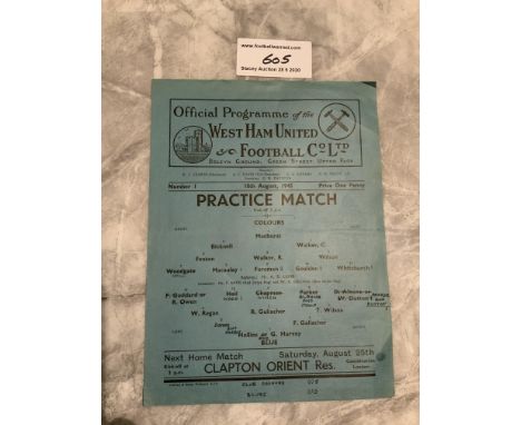 45/46 West Ham Practice Match Football Programme: Dated 18 8 45. Single sheet in good condition with team changes.