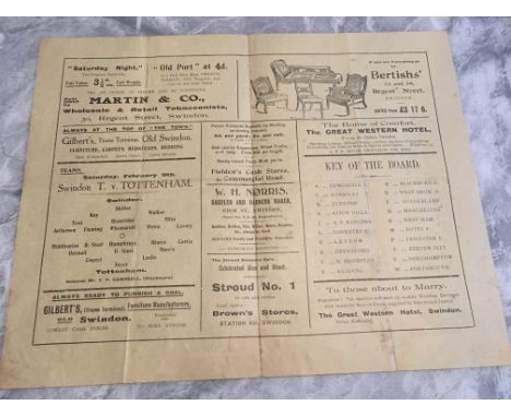 1909/10 Swindon Town v Tottenham FA Cup Football Programme: 4 pager dated 19 2 1910 in very good condition with no writing. W