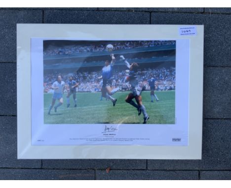 Peter Shilton England Signed Mounted Football Print: Hand signed by Shilton who is pictured in the famous hand of god moment.