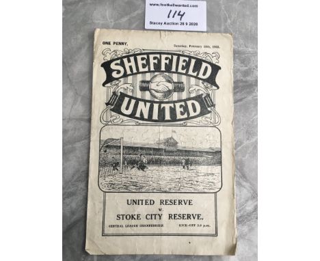 32/33 Sheffield United Reserves v Stoke City Football Programme: Fair/good condition dated 18 2 1933. No team changes. 4 page