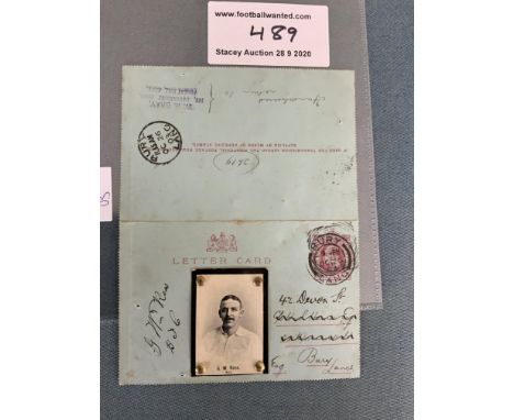 1903 Bury FA Cup Winning Captain Signed Football Card: Sent through the post a few months after Bury won the FA Cup. Letter o