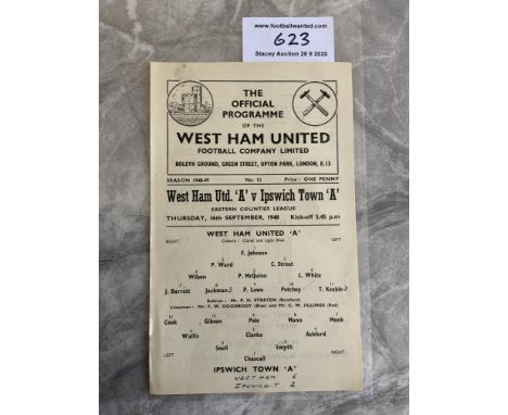 48/49 West Ham A v Ipswich Town A ECL Football Programme: Eastern Counties League single sheet dated 16 9 1948 in very good c