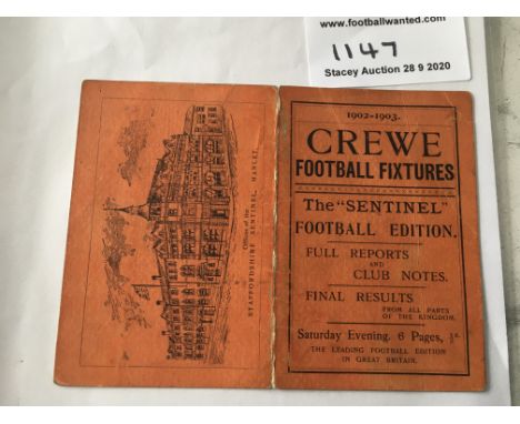 Crewe Alexandra 1902/03 Football Fixture List: Nice item issued by The Sentinel Newspaper. Card has some results filled in wi