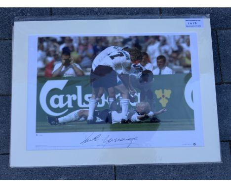 Paul Gascoigne Signed Mounted England Football Print: Hand signed with full signature by Gazza who is pictured doing the dent