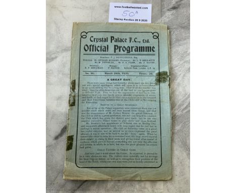 28/29 Crystal Palace v QPR Football Programme: Dated 29 3 1929 in poor condition with no team changes. Staple removed and tea