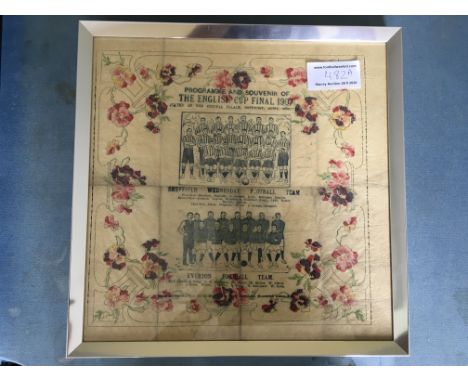 1907 FA Cup Final Framed Serviette: Sheffield Wednesday v Everton team drawings with players names printed underneath. Origin