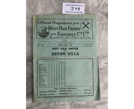 36/37 West Ham v Aston Villa Football Programme: Good condition League match dated 26 4 1937. No writing but has folding.