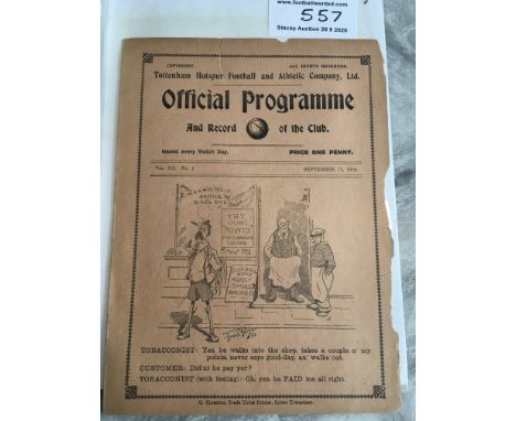 1910/11 Tottenham v Newcastle United Football Programme: Fair condition ex bound League match dated 17 9 1910. Tear and a few