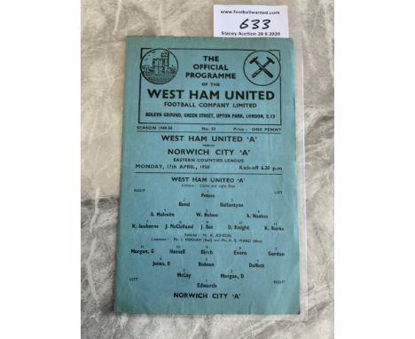 49/50 West Ham A v Norwich City ECL Football Programme: Eastern Counties League single sheet dated 17 4 1950 in excellent con