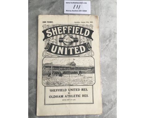 32/33 Sheffield United Reserves v Oldham Athletic Football Programme: Good condition dated 27 8 1932. No team changes. 4 page