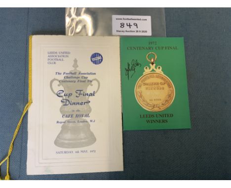 1972 Leeds United FA Cup Final Football Menu: The evening of the match at the Cafe Royal with yellow tassel. Small picture of