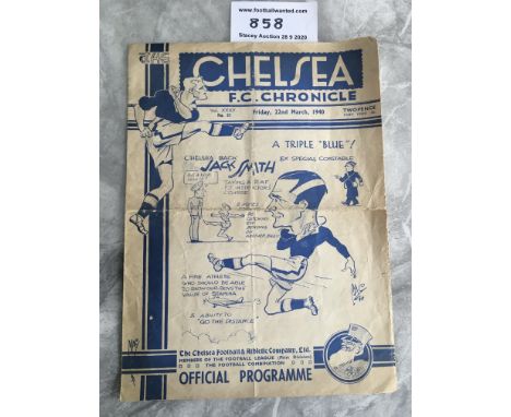 39/40 Chelsea v Fulham Football Programme: 1st team Regional League match dated 22 3 1940. Folded both ways with an inch tear