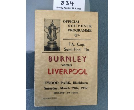 1947 FA Cup Semi Final Football Programme: Burnley v Liverpool at Blackburn in good condition with no team changes. Centre pa